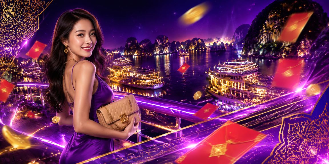 Khung cảnh Hạ Long về đêm lung linh ánh đèn neon và cờ đỏ may mắn
